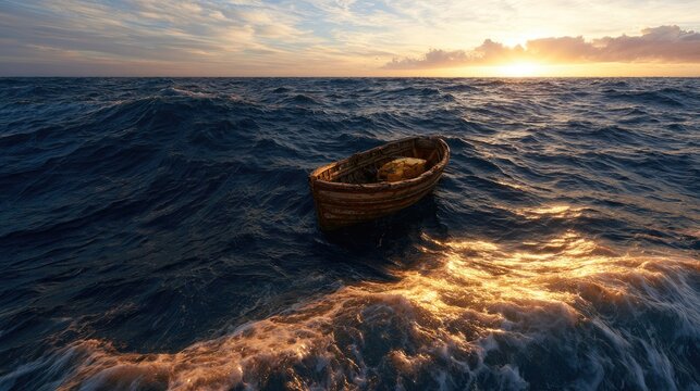 A small, empty rowboat drifts on a vast, choppy ocean at sunset