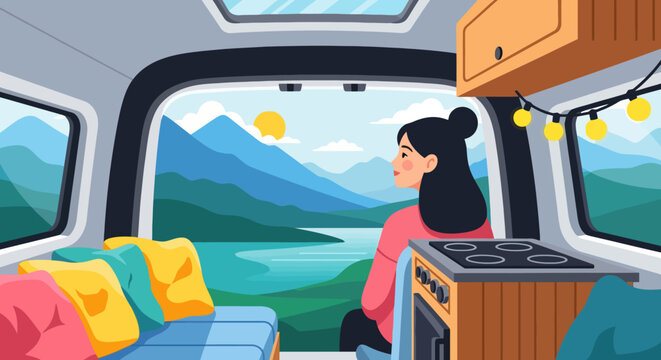 Woman enjoying a peaceful moment inside her camper van.
