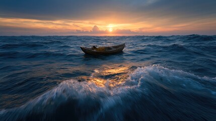 Naklejka premium Lonely wooden boat drifts on turbulent ocean waves at sunset