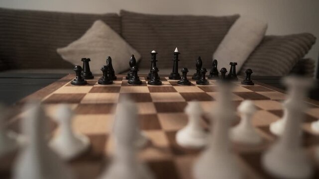Classic Chessboard With Neatly Positioned Pieces Prepared For A Game In The Living Room At Home