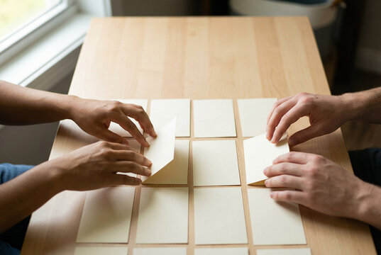 Group of People Playing a Concentration Memory Card Matching Game on a Wooden Table Indoors