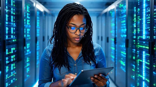Woman in server room using tablet