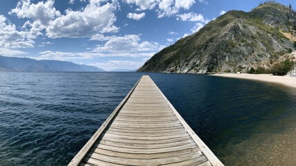 Fototapeta premium A wooden pier extends into a vast blue lake, flanked by a sandy beach and rugged mountains