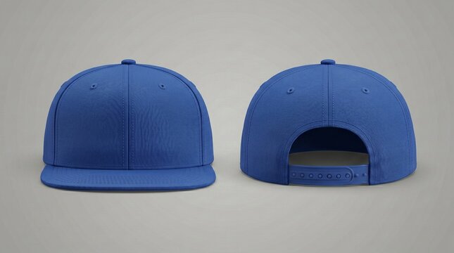 Blue snapback cap mockup, realistic plain snapback caps, front and back view, isolated on neutral studio background