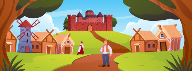 Naklejka premium Landscape of medieval kingdom in forest vector illustration, road to fortress castle, village houses and peasant people