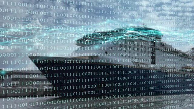 passenger ship with binary code animation overlay and a digital grid wave from nodes and lines in a harbor, artficial intelligence in maritime business