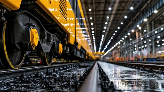 Close-up low angle of yellow train wheels on tracks inside a vast, well-lit depot