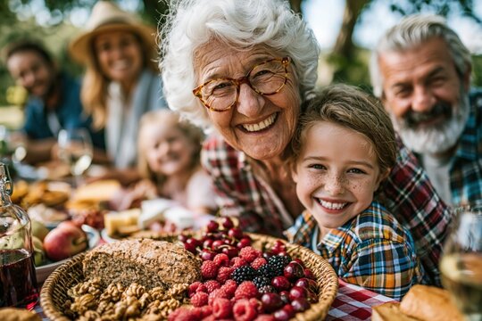 A joyful family gathering enjoying a picnic with food and smiles in a lush outdoor setting.