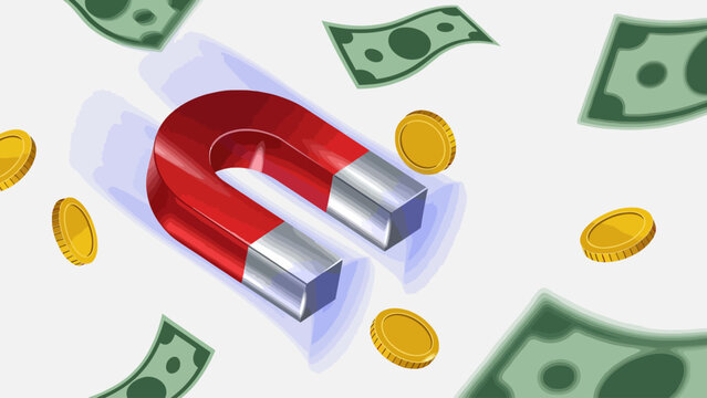 3D isometric vector icon of a glossy red and silver horseshoe magnet floating dynamically