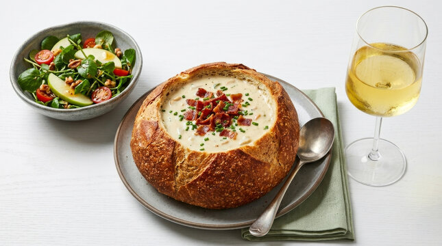Leek and bacon soup in an Italian bread bowl, served with salad and white wine