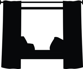 Window with drapery tulle curtain on cornice and pillows on the windowsill vector black silhouette, textile shade © sabelskaya