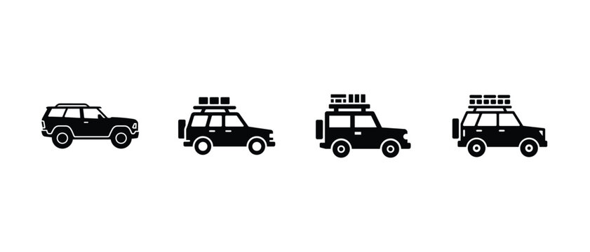 Black silhouette cars with luggage roof racks on white background