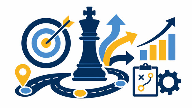 Business Strategy Concept with Chess Piece, Target Goal Planning, and Growth Chart Vector Illustration
