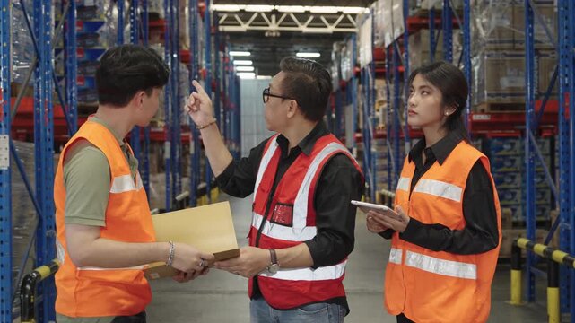 Three workers conduct warehouse inspection utilizing tablets and documents within brightly lit industrial facility filled with shelving units containing boxes; employees wear orange high-visibility ve