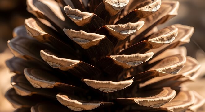 Pinecone scales display intricate natural textures and geometric patterns captured in soft sunlight.