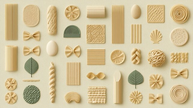 Assorted dry pasta shapes arranged neatly on a beige background