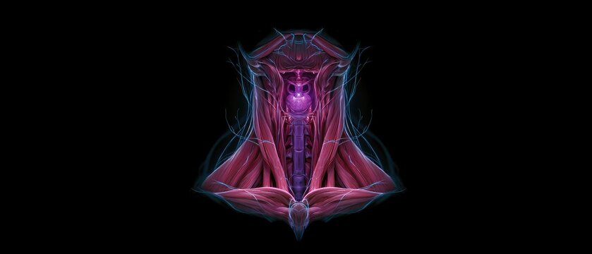 Abstract, vibrant anatomical depiction of the human throat and neck musculature