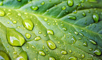Multiple Rain Water Droplets on Bright Yellow Green Leaf, Vivid Macro Nature Background © NARONG