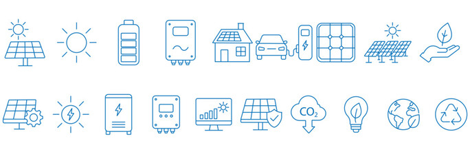 solar energy line icon set featuring solar panel, renewable, recycling, saving, efficiency, battery, sun, electricity, environment, sustainability, charging, inverter, grid editable vector set. © Daishin
