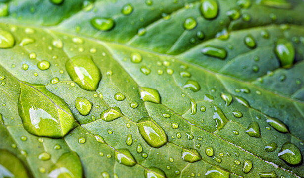 Multiple Rain Water Droplets on Bright Yellow Green Leaf, Vivid Macro Nature Background