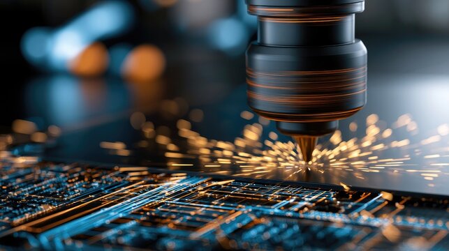 Precision cutting tool creating intricate patterns on metallic surface with sparks