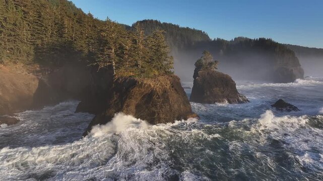 Aerial view of seashore of Brookings Natural Bridge in Oregon, USA