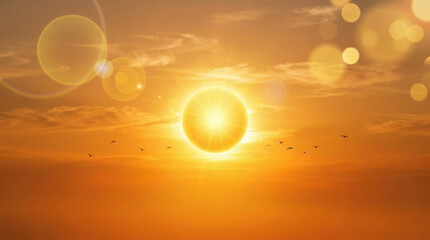 Obraz premium Sunset sky sun sunrise cloud orange light global warming abstract concept glowing sunset sky spreads. planet earth disaster crisis. change climate change environmental, conservation drought danger