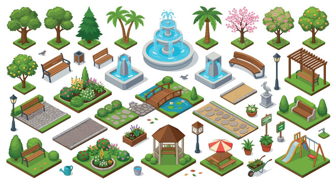 Park Elements Vector Illustration With Trees Benches And A Fountain