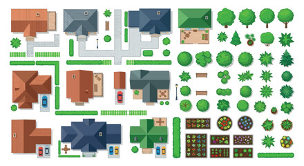 Top down Vector Illustration Of Houses Trees And Garden Elements © rita