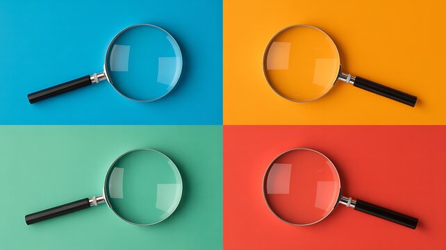 Magnifying glasses, colorful background, four squares, blue, orange, green, red