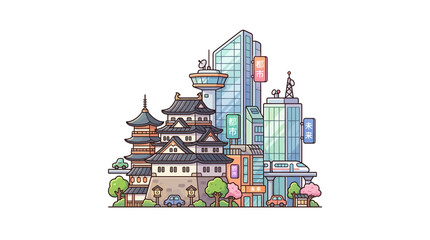 Fototapeta premium Modern Japanese Cityscape with Traditional Castle and Futuristic Buildings