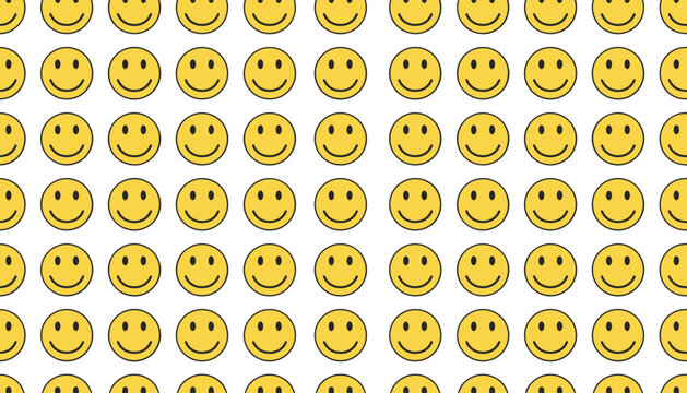 Bright yellow happy smiley face emoji seamless pattern on a clean white background, conveying happiness and positive vibes.