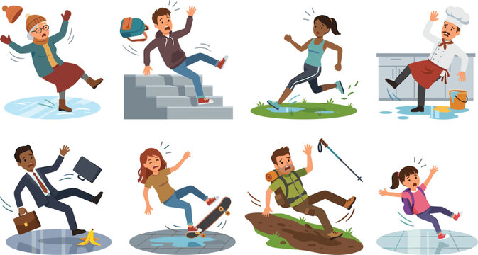 People Slipping and Tripping Accident Vector Character Set with Men Women and Kids Falling on Wet Floors Ice Stairs and Mud