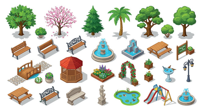 Park Elements Vector Illustration With Trees Benches And Fountains