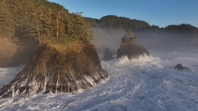 Aerial view of seashore of Brookings Natural Bridge in Oregon, USA