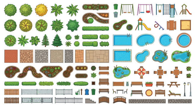 Park Elements Vector Illustration With Trees Pools And Furniture