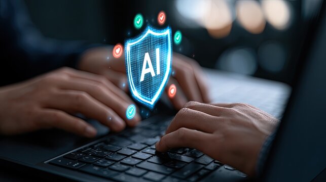 Hands typing on a laptop with a glowing AI shield of security