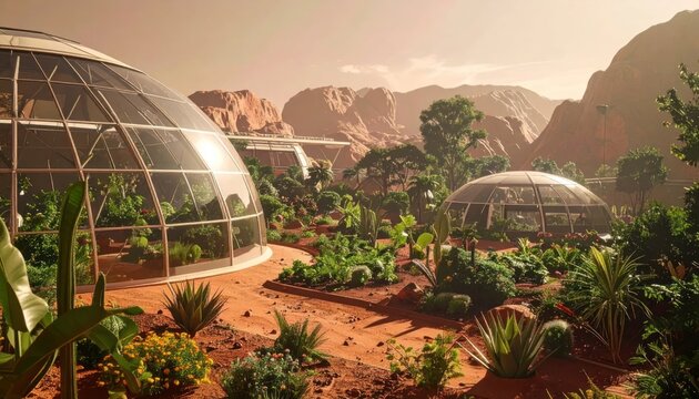 Futuristic greenhouse domes on Mars colony landscape.
