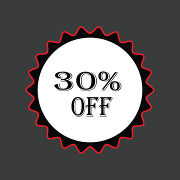 30 percent off circular badge with red and black serrated edges