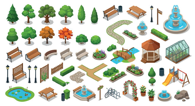 Isometric Park Elements Vector Illustration With Trees Benches And Fountains