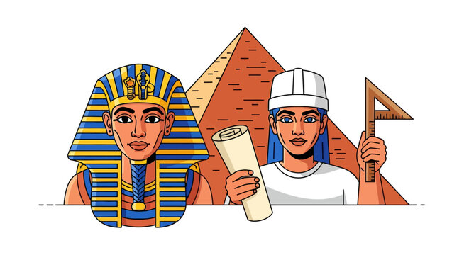 An illustration depicting an ancient Egyptian pharaoh alongside a modern architect with a pyramid in the background, symbolizing the legacy of construction and design.