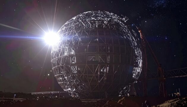 Gigantic metallic sphere space station under construction.