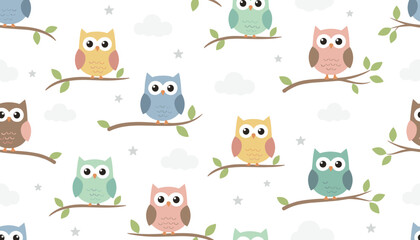 Fototapeta premium Cute seamless pattern with colorful owls sitting on tree branches with clouds and stars on white.