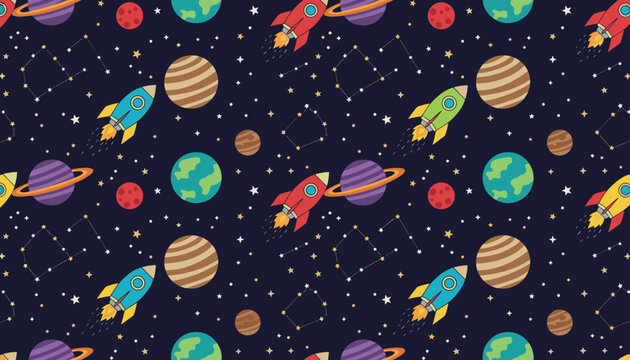 Seamless outer space pattern featuring rockets, colorful planets, stars, and constellations, flat design.