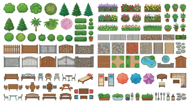 Garden Elements Vector Illustration With Trees Fences And Furniture