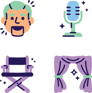 A collection of four icons representing performing arts and entertainment, including a puppet head, a vintage microphone, a director's chair, and stage curtains, all with sparkling accents.