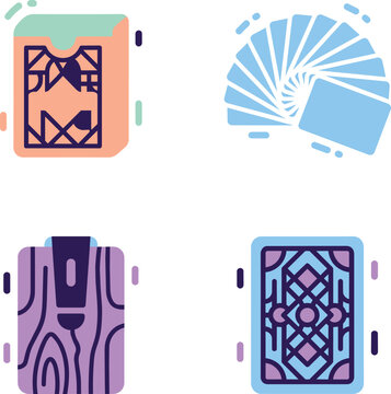 Four colorful flat design icons depicting various aspects of playing cards, including a deck box, fanned cards, and two distinct card back designs.