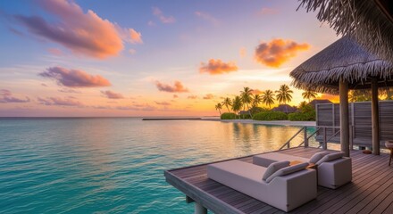 Fototapeta premium Sunset view over turquoise lagoon with overwater bungalow and palm trees turquoise water
