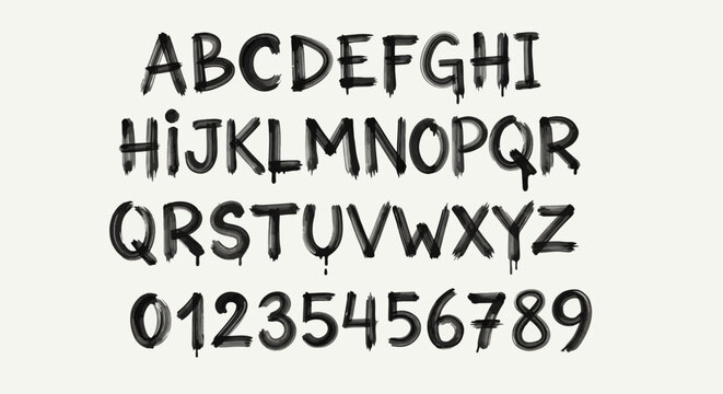 Black uppercase alphabet letters and numbers on white background.