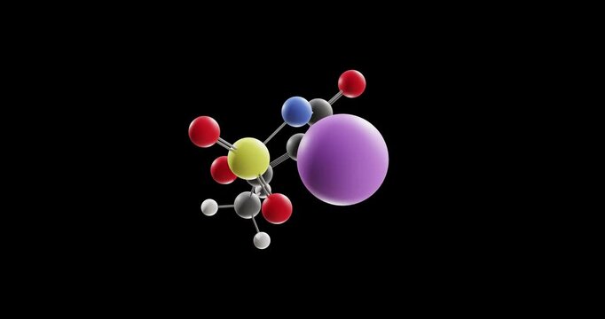 Acesulfame potassium molecule, rotating 3D model of artificial sweetener, looped video on a black background
